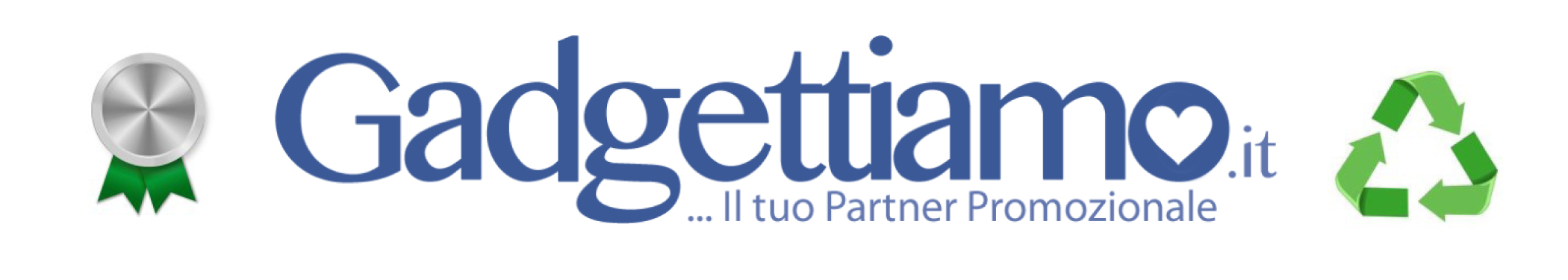Logo Gadgettiamo.it con Medaglia Silver EcoVadis e simbolo riciclo, partner promozionale nel Top 15% mondiale per sostenibilità ESG.
